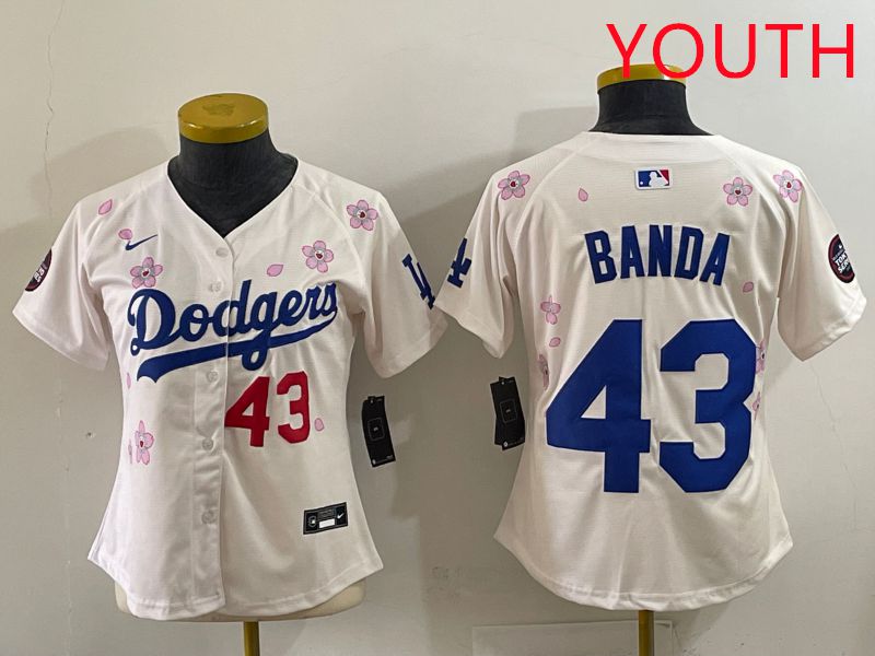 Youth Los Angeles Dodgers #43 Banda Cream Sakura Edition 2025 Nike MLB Jersey style 34